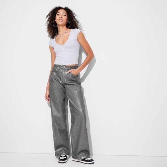 Wild Fable High Rise Baggy Jean In Silver Metallic NWT - Picture 1 of 8